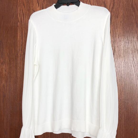 Cece Womens Long Sleeve Sweater Large White Ruffled Sheer Pleated Mock Neck - Picture 4 of 14